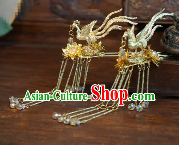 Traditional Chinese Ancient Bride Golden Phoenix Hair Clip Handmade Hanfu Court Queen Tassel Hairpins Hair Accessories for Women