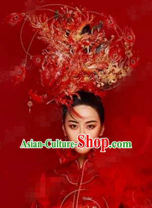 Traditional Chinese Wedding Hair Accessories Red Feather Phoenix Coronet Ancient Bride Hairpins Complete Set for Women