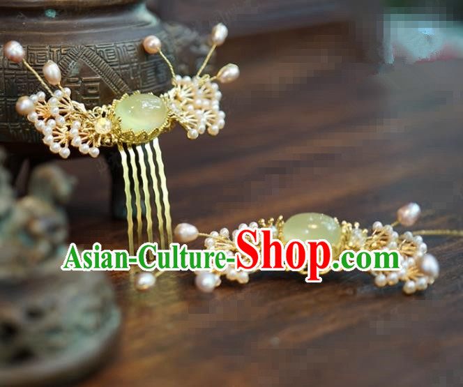 Traditional Chinese Ancient Bride Pearls Pine Hair Combs Handmade Hanfu Court Queen Hairpins Hair Accessories for Women
