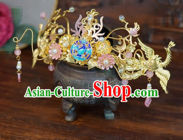 Traditional Chinese Ancient Bride Blueing Crane Hair Crown Handmade Hanfu Court Queen Hairpins Hair Accessories for Women