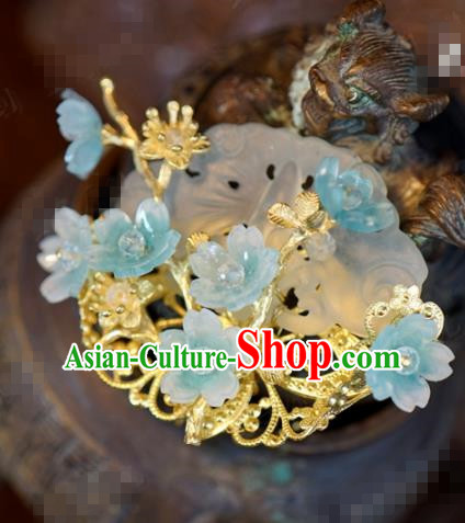 Traditional Chinese Ancient Bride Jade Butterfly Hair Crown Hanfu Court Queen Hairpins Handmade Hair Accessories for Women