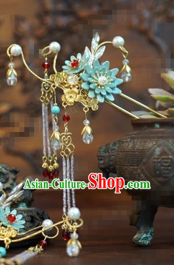 Traditional Chinese Ancient Bride Blue Flowers Tassel Hair Clip Hanfu Court Queen Hairpins Handmade Hair Accessories for Women