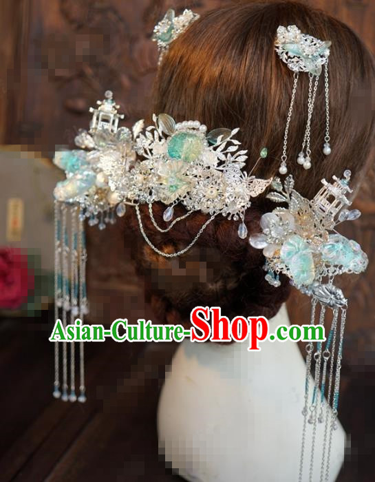 Traditional Chinese Wedding Hair Accessories Ancient Bride Tassel Phoenix Coronet Hairpins Complete Set for Women