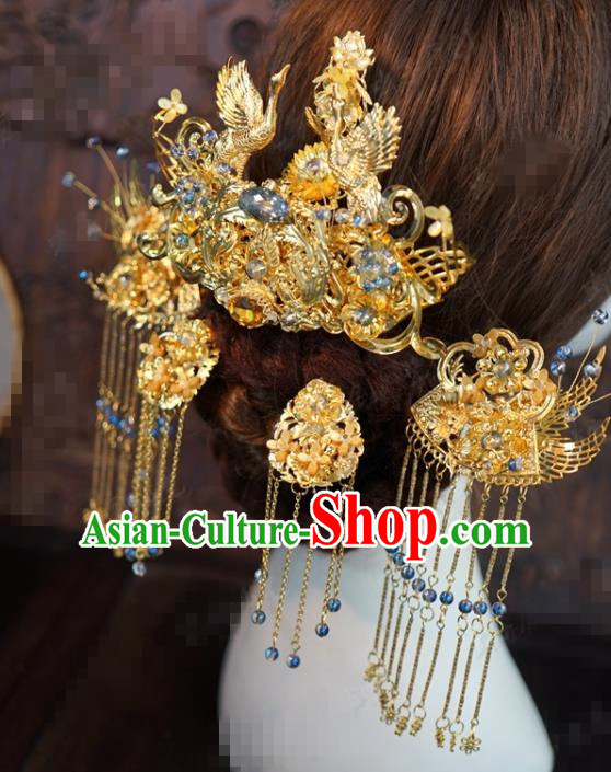 Traditional Chinese Wedding Hair Accessories Ancient Bride Golden Cranes Phoenix Coronet Hairpins Complete Set for Women