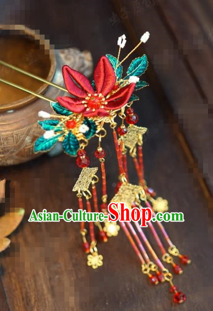 Traditional Chinese Handmade Court Red Flower Tassel Hairpins Hair Accessories Ancient Queen Hanfu Hair Clip for Women