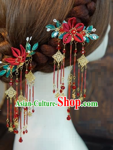 Traditional Chinese Handmade Court Tassel Hairpins Hair Accessories Ancient Queen Hanfu Red Flower Hair Claws for Women