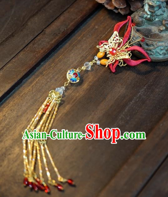 Traditional Chinese Handmade Court Red Butterfly Brooch Jewelry Accessories Ancient Princess Tassel Breastpin for Women