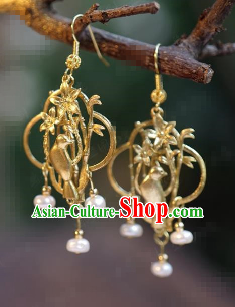 Traditional Chinese Handmade Court Ear Accessories Ancient Princess Golden Bamboo Bird Earrings for Women