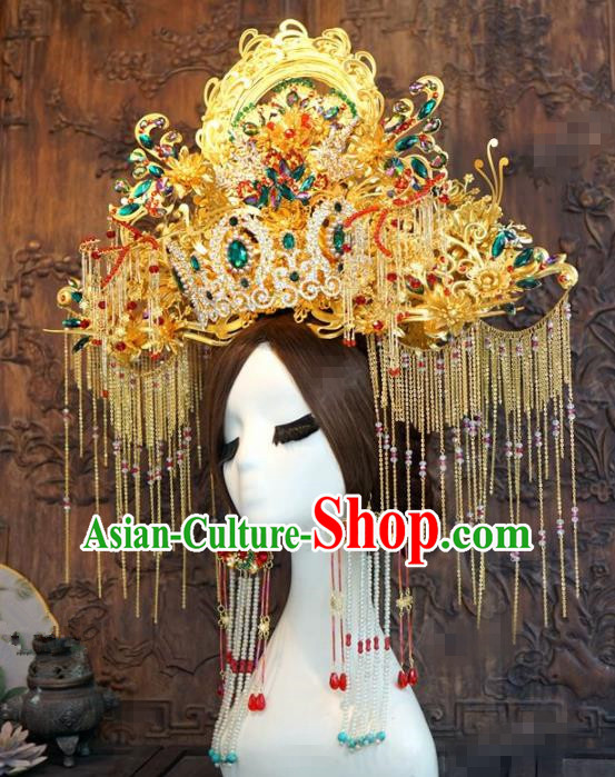 Traditional Chinese Wedding Luxury Golden Phoenix Coronet Hair Accessories Ancient Bride Tassel Hairpins Complete Set for Women