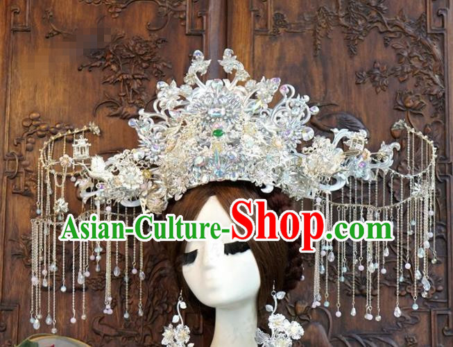 Traditional Chinese Wedding Luxury Tassel Phoenix Coronet Hair Accessories Ancient Bride Hairpins Complete Set for Women
