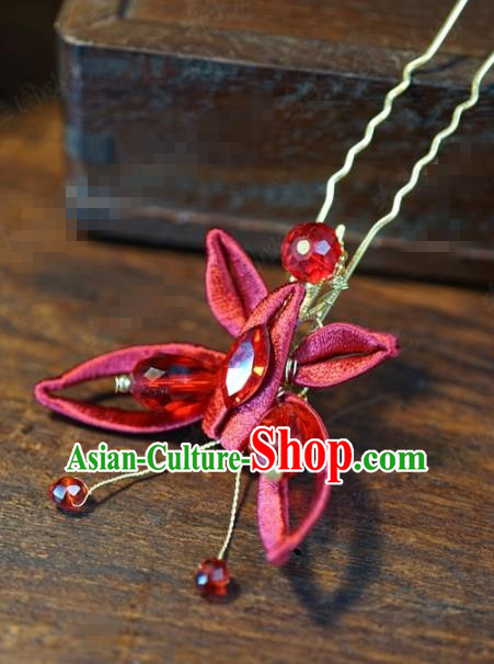 Traditional Chinese Ancient Bride Red Silk Butterfly Hair Clip Hanfu Court Queen Hairpins Handmade Hair Accessories for Women