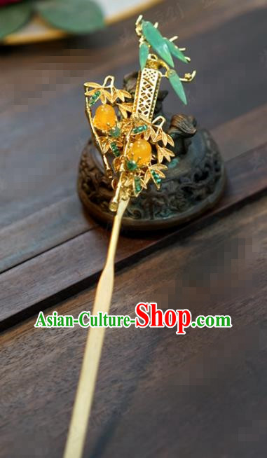 Traditional Chinese Ancient Bride Golden Bamboo Hair Clip Hanfu Court Queen Hairpins Handmade Hair Accessories for Women