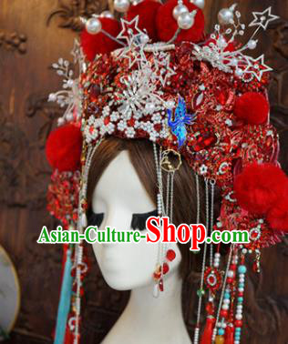 Traditional Chinese Wedding Red Phoenix Coronet Luxury Hair Accessories Ancient Bride Hairpins Complete Set for Women