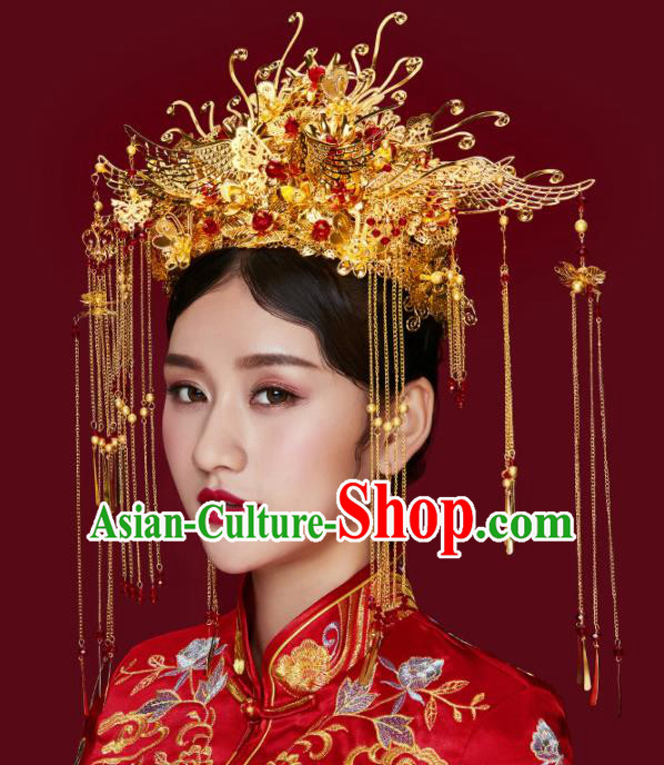 Traditional Chinese Wedding Phoenix Coronet Luxury Hair Accessories Ancient Bride Hairpins Complete Set for Women