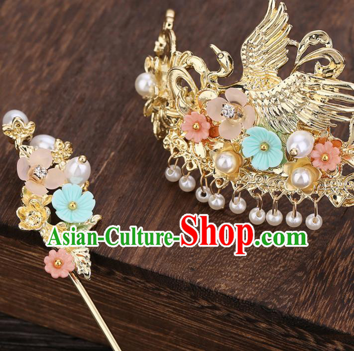 Traditional Chinese Ancient Hanfu Crane Hair Crown Court Queen Hairpins Handmade Hair Accessories for Women