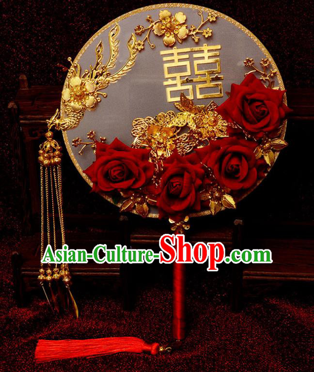 Traditional Chinese Handmade Court Wedding Phoenix Round Fans Ancient Bride Red Roses Palace Fan for Women
