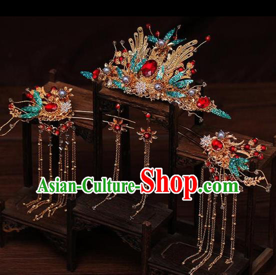 Traditional Chinese Wedding Red Crystal Phoenix Coronet Luxury Hair Accessories Ancient Bride Hairpins Complete Set for Women