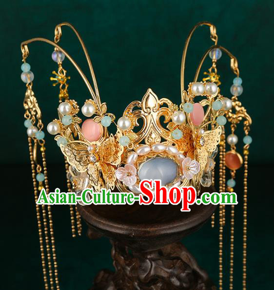 Traditional Chinese Wedding Pearls Blue Hair Crown Hair Accessories Ancient Bride Tassel Hairpins Complete Set for Women