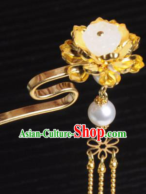 Traditional Chinese Ancient Hanfu Golden Tassel Lotus Hair Clip Court Queen Hairpins Handmade Hair Accessories for Women