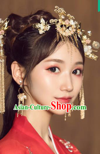 Traditional Chinese Wedding Court Crane Hair Crown Hair Accessories Ancient Bride Tassel Hairpins Complete Set for Women