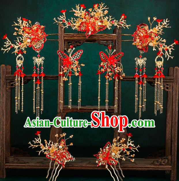 Traditional Chinese Wedding Butterfly Phoenix Coronet Luxury Hair Accessories Ancient Bride Hairpins Complete Set for Women