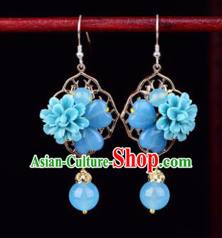 Traditional Chinese Classical Blue Flower Earrings Handmade Court Ear Accessories for Women