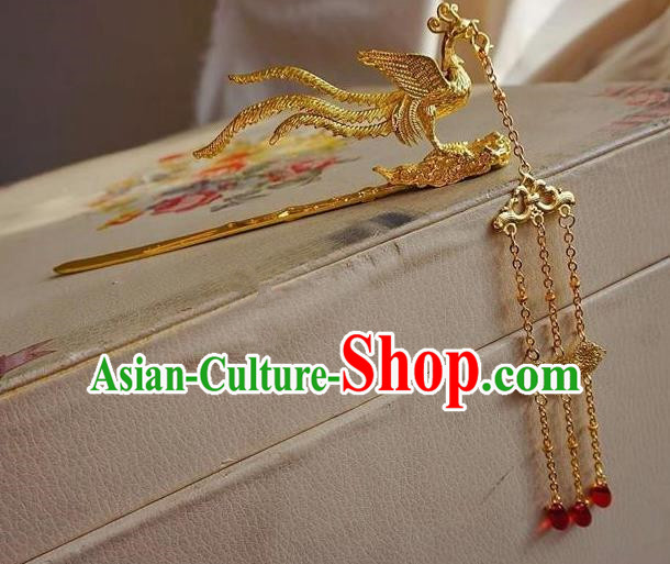 Traditional Chinese Hanfu Golden Tassel Phoenix Hair Clip Ancient Court Queen Hairpins Handmade Hair Accessories for Women