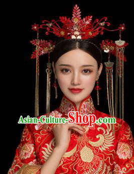 Traditional Chinese Handmade Wedding Red Phoenix Coronet Ancient Bride Hairpins Luxury Hair Accessories Complete Set
