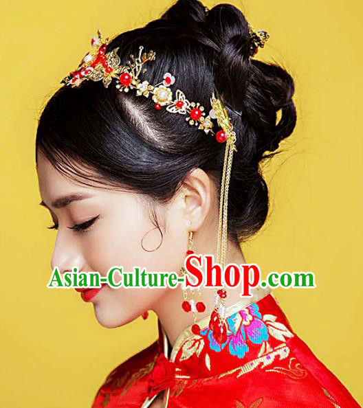 Traditional Chinese Handmade Wedding Red Hair Clasp Ancient Bride Hairpins Luxury Hair Accessories Complete Set