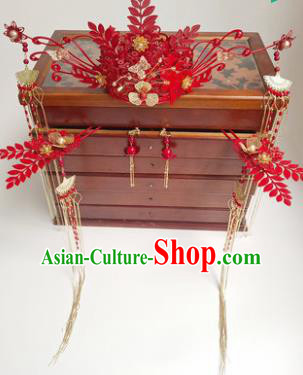 Traditional Chinese Handmade Wedding Red Phoenix Coronet Ancient Bride Hairpins Luxury Hair Accessories Complete Set