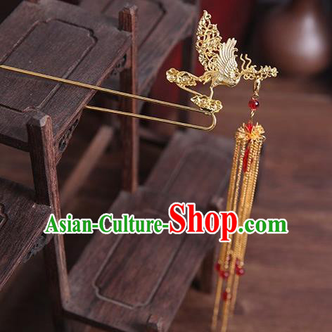 Traditional Chinese Hanfu Golden Phoenix Tassel Hair Clip Ancient Court Queen Hairpins Handmade Hair Accessories for Women