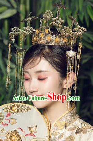 Traditional Chinese Wedding Court Crane Pine Phoenix Coronet Hair Accessories Ancient Bride Tassel Hairpins Complete Set