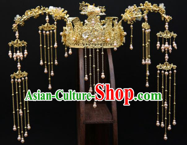 Traditional Chinese Wedding Conch Phoenix Coronet Hair Accessories Ancient Bride Tassel Hairpins Complete Set