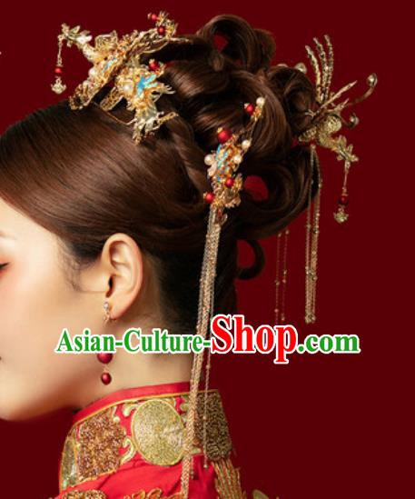 Traditional Chinese Wedding Phoenix Coronet Hair Accessories Ancient Bride Tassel Hairpins Complete Set