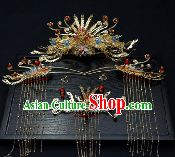 Traditional Chinese Wedding Phoenix Coronet Hair Accessories Ancient Bride Tassel Hairpins Complete Set