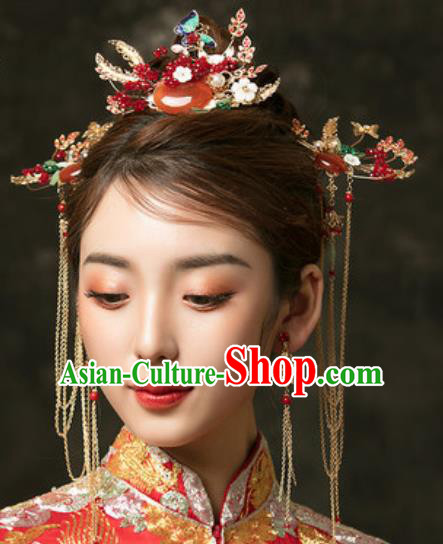 Traditional Chinese Wedding Agate Hair Comb Hair Accessories Ancient Bride Tassel Hairpins Complete Set