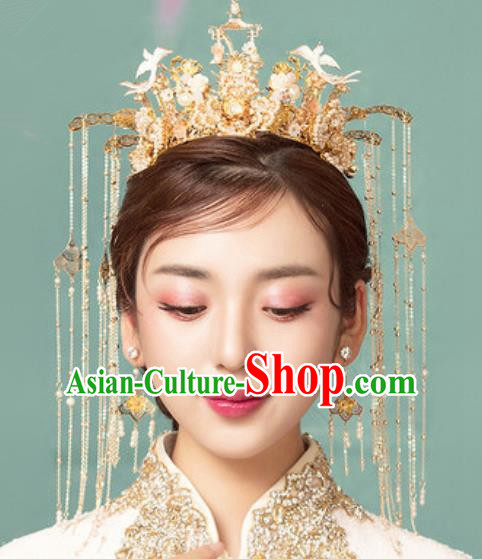 Traditional Chinese Wedding Luxury Pine Tassel Phoenix Coronet Hair Accessories Ancient Bride Hairpins Complete Set