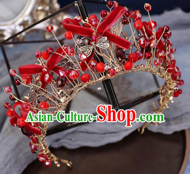 Handmade Baroque Princess Red Silk Bowknot Royal Crown Children Hair Clasp Hair Accessories for Kids