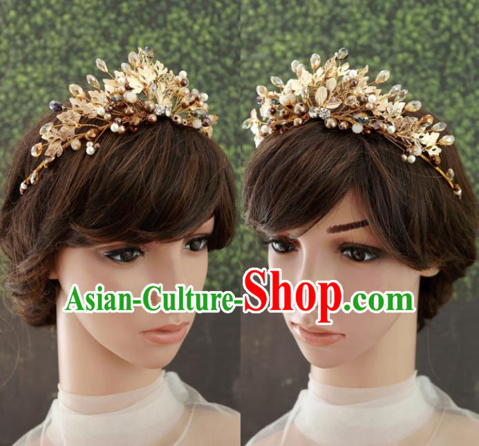 Handmade Baroque Princess Golden Leaf Royal Crown Children Hair Clasp Hair Accessories for Kids