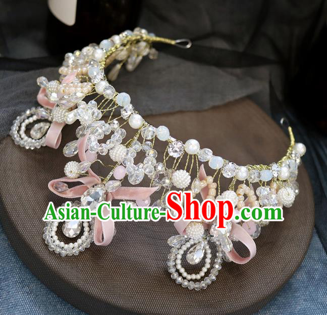 Handmade Baroque Princess Pearls Pink Bowkont Royal Crown Children Hair Clasp Hair Accessories for Kids