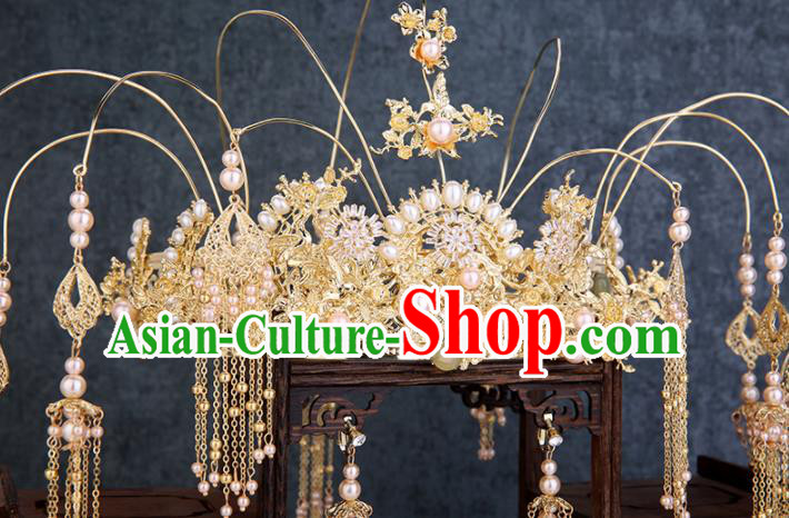 Traditional Chinese Wedding Handmade Pink Pearls Phoenix Coronet Ancient Bride Hairpins Hair Accessories Complete Set