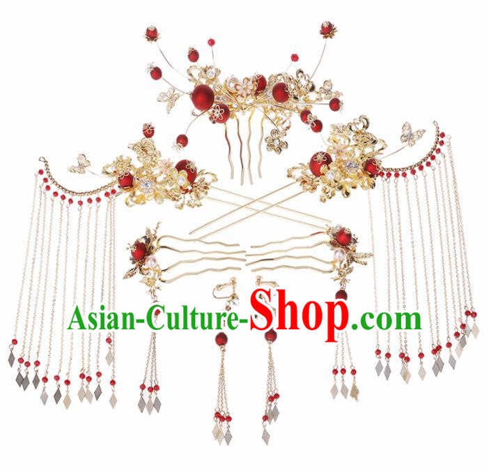 Traditional Chinese Wedding Handmade Hair Comb Ancient Bride Hairpins Hair Accessories Complete Set