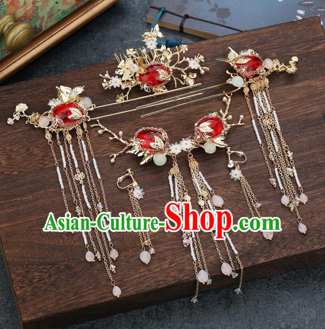Traditional Chinese Wedding Handmade Red Crystal Hair Comb Ancient Bride Hairpins Hair Accessories Complete Set
