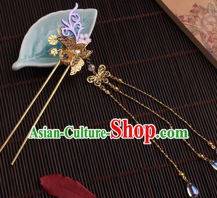 Traditional Chinese Hanfu Golden Butterfly Tassel Hair Clip Ancient Court Princess Hairpins Handmade Hair Accessories for Women