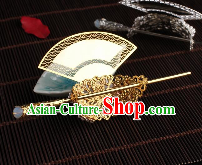 Traditional Chinese Hanfu Golden Fan Hair Crown Ancient Court Princess Hairpins Handmade Hair Accessories for Women