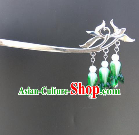 Traditional Chinese Hanfu Bells Tassel Green Hair Clip Ancient Court Princess Hairpins Hair Accessories for Women