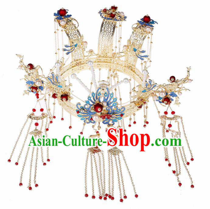 Traditional Chinese Wedding Handmade Blue Phoenix Coronet Ancient Bride Hairpins Hair Accessories Complete Set