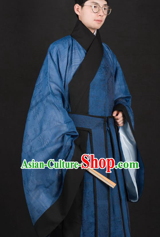 Traditional Chinese Ming Dynasty Scholar Replica Costumes Ancient Taoist Priest Blue Hanfu Clothing for Men