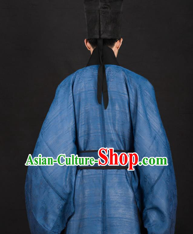 Traditional Chinese Ming Dynasty Scholar Replica Costumes Ancient Taoist Priest Blue Hanfu Clothing for Men
