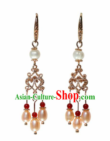 Traditional Chinese Handmade Pearls Tassel Earrings Ancient Hanfu Ear Accessories for Women
